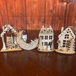 Set Of 4 Wooden Christmas House christmas Ornaments With Reindeer , Snowman,moon